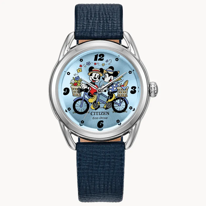 Mickey Mouse and Minnie Mouse Picnic Pedal Blue Dial Leather Strap Mickey Mouse and Minnie Mouse Picnic Pedal Blue Dial Leather Strap